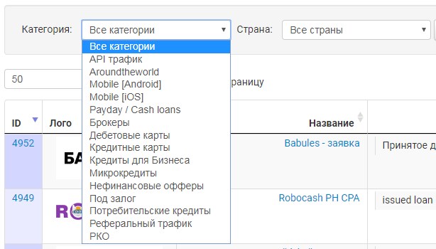 доступные категории банковских офферов
